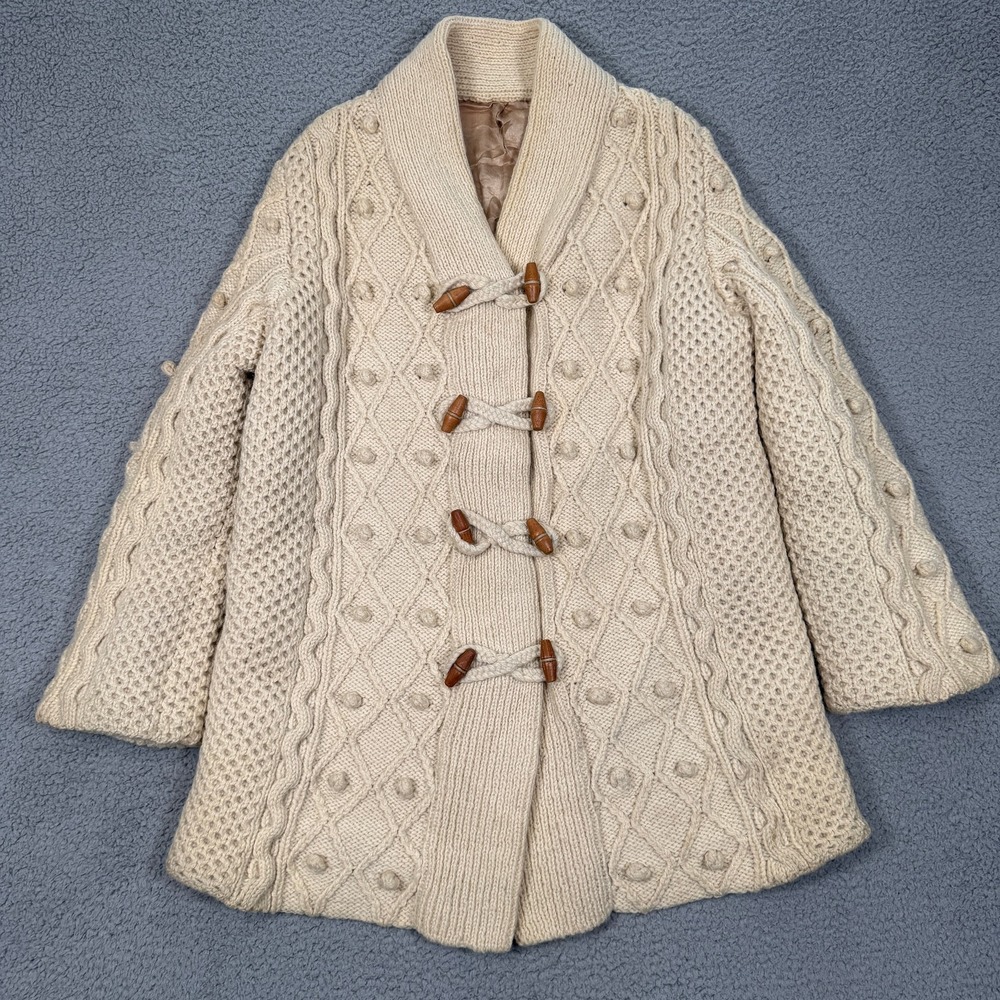 True Vintage Wool Coat Womens L Fishermans Knit Aran Cardigan Toggle Closure 60s